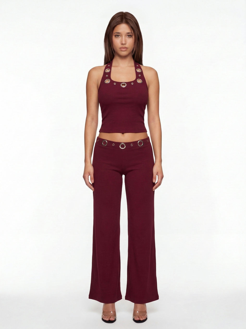 Jean Grommet Halter Top and Flare Trousers Set