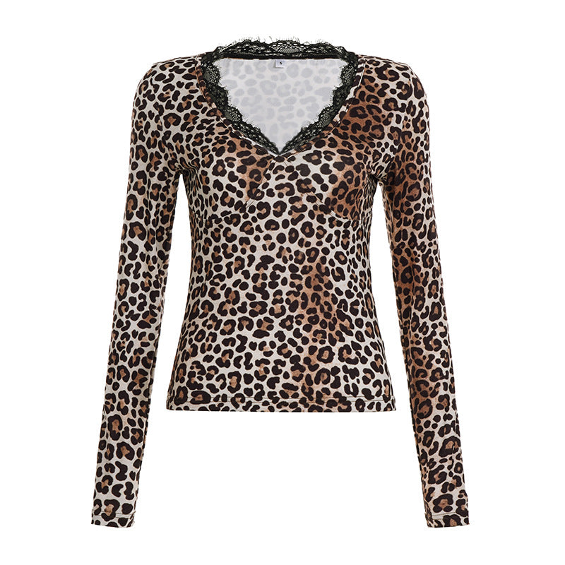 Clara Leopard Print Lace-Trim V-Neck Top