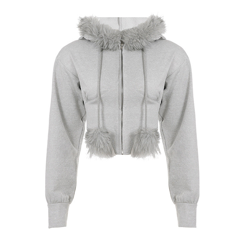 Maila Faux Fur Trim Zip-Up Cropped Hoodie