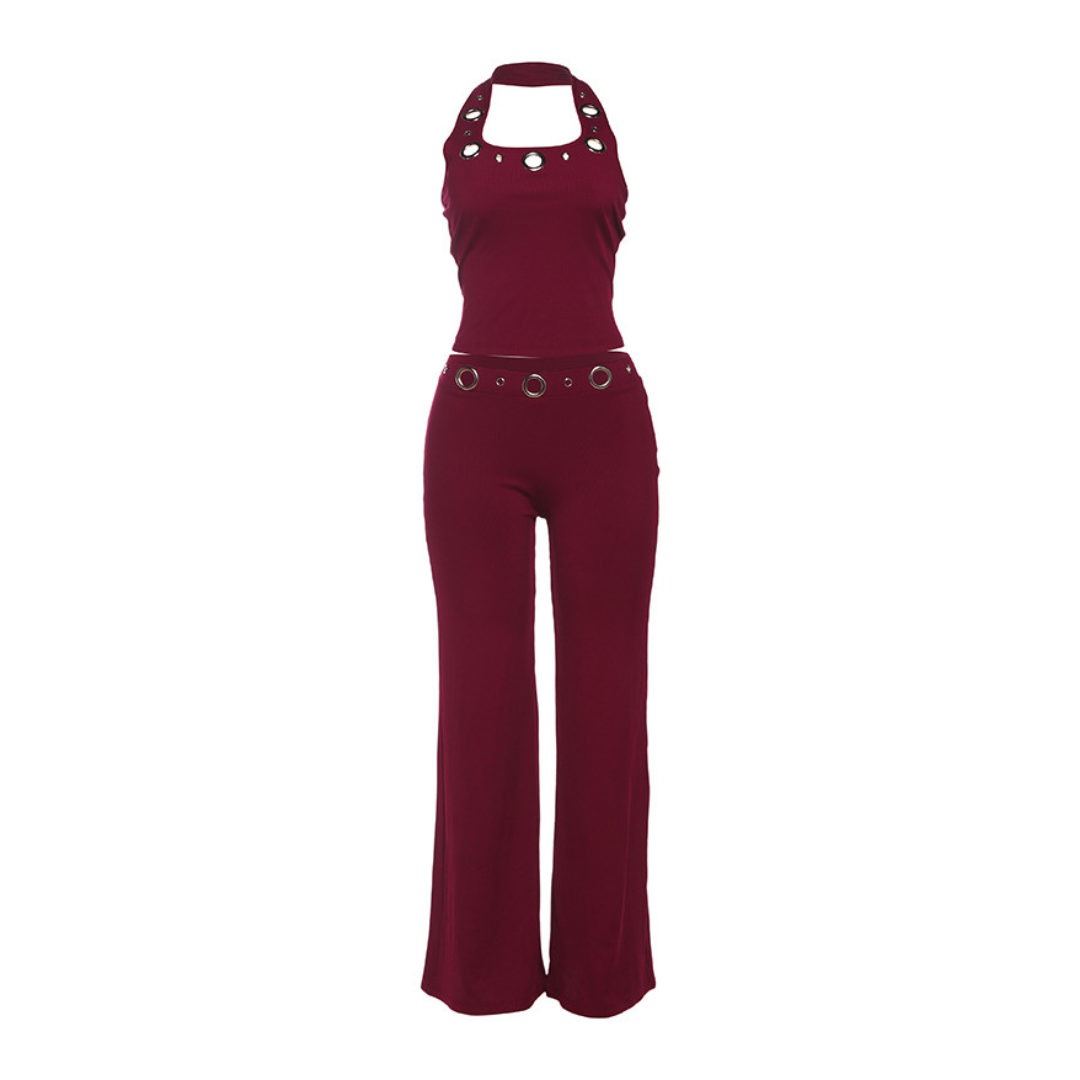 Jean Grommet Halter Top and Flare Trousers Set