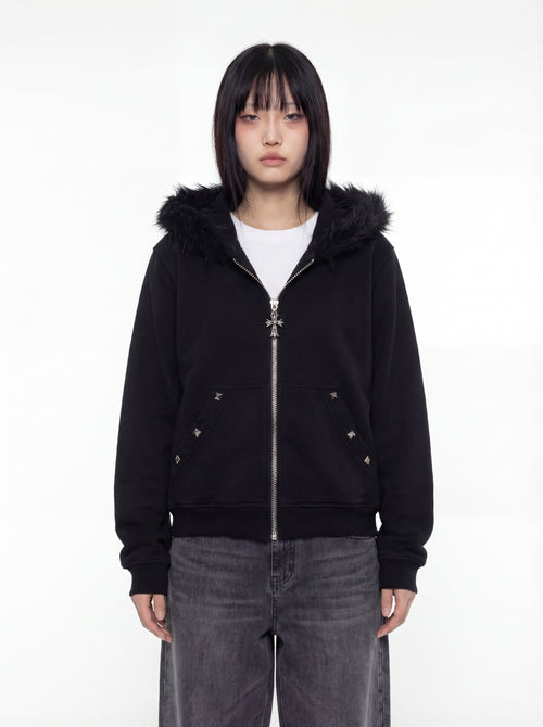 Studded Fur Collar Zip Hoodie