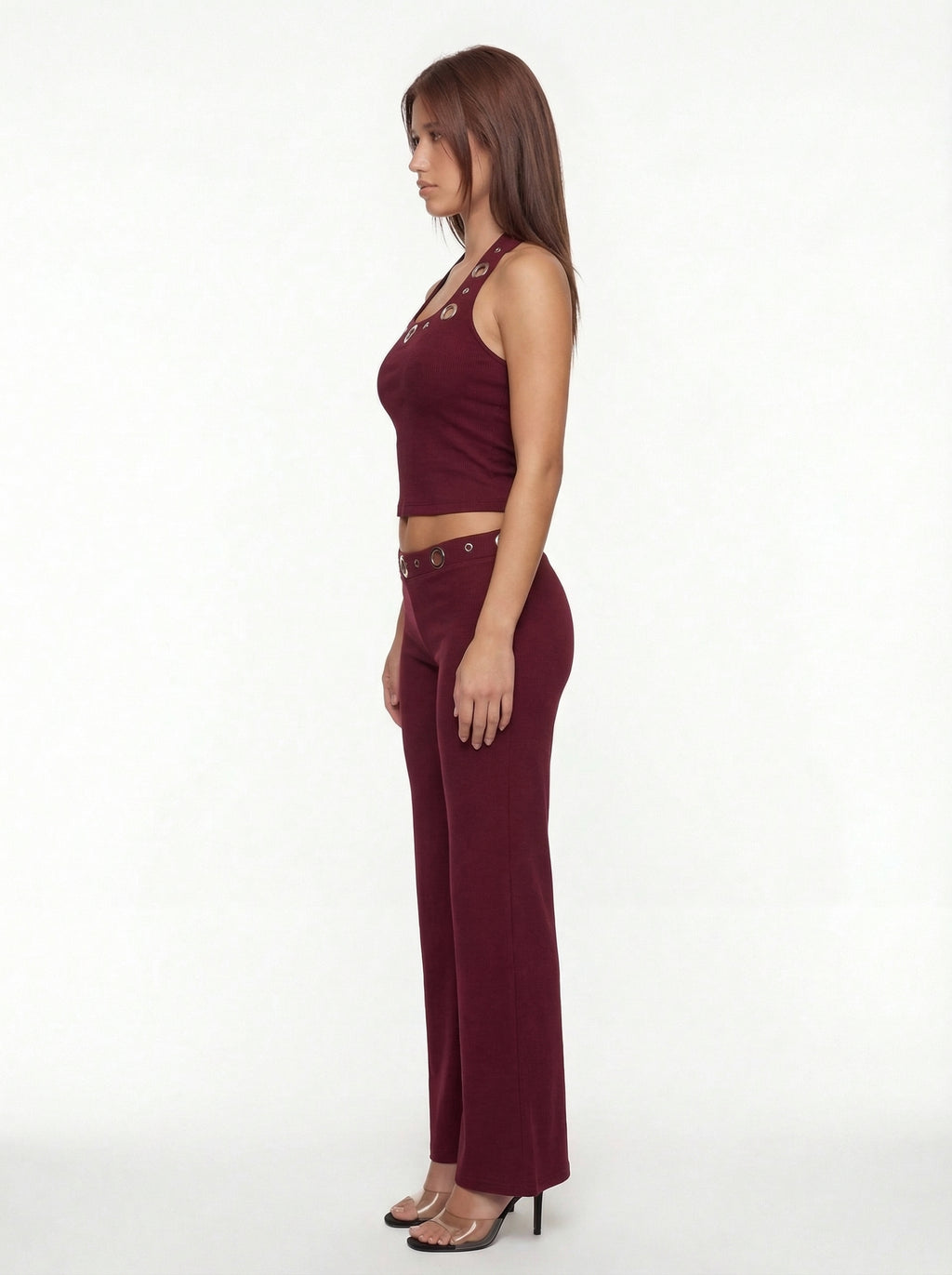 Jean Grommet Halter Top and Flare Trousers Set