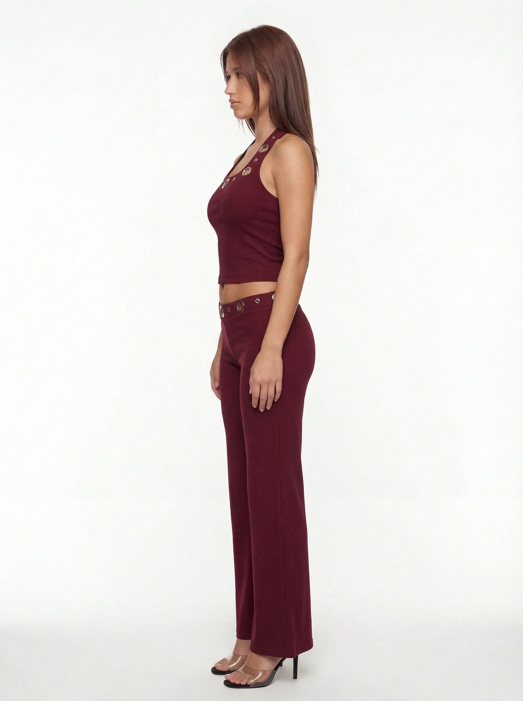 Jean Grommet Halter Top and Flare Trousers Set