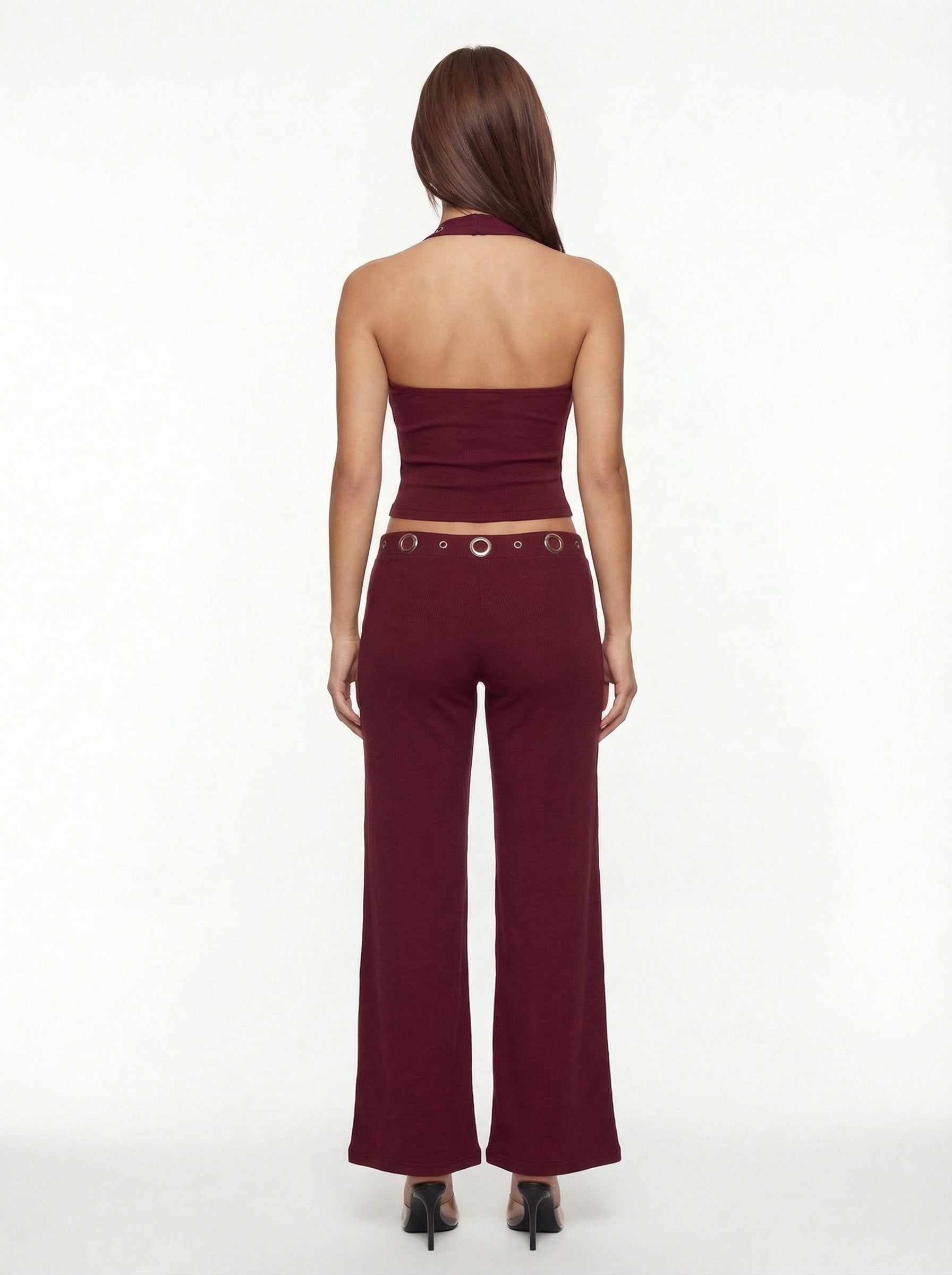 Jean Grommet Halter Top and Flare Trousers Set