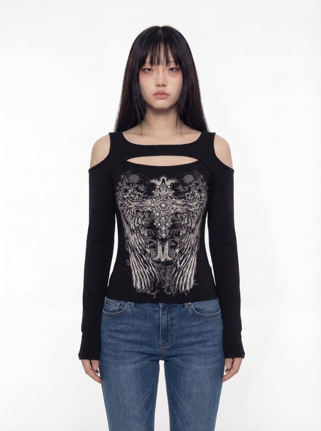 Lairene Cold-Shoulder Graphic Long Sleeve Top