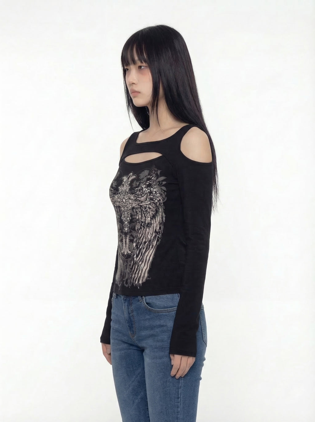 Lairene Cold-Shoulder Graphic Long Sleeve Top