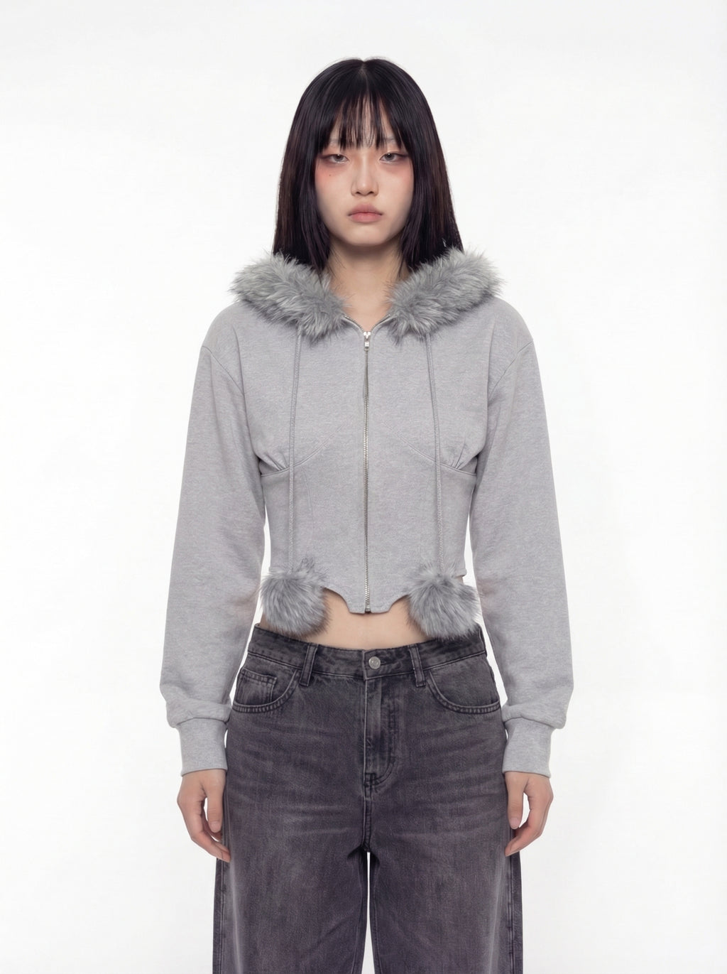Maila Faux Fur Trim Zip-Up Cropped Hoodie