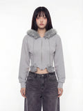 Maila Faux Fur Trim Zip-Up Cropped Hoodie