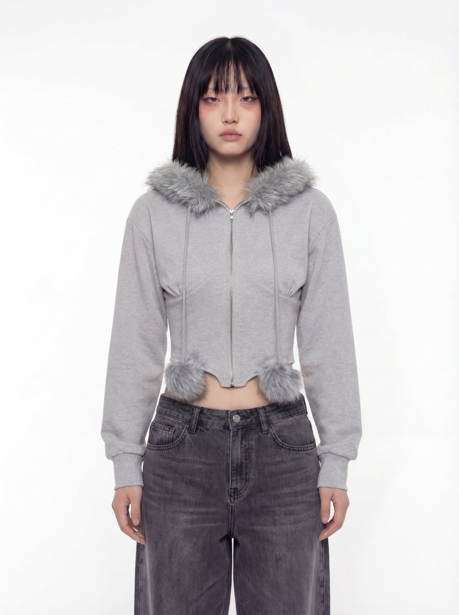 Maila Faux Fur Trim Zip-Up Cropped Hoodie