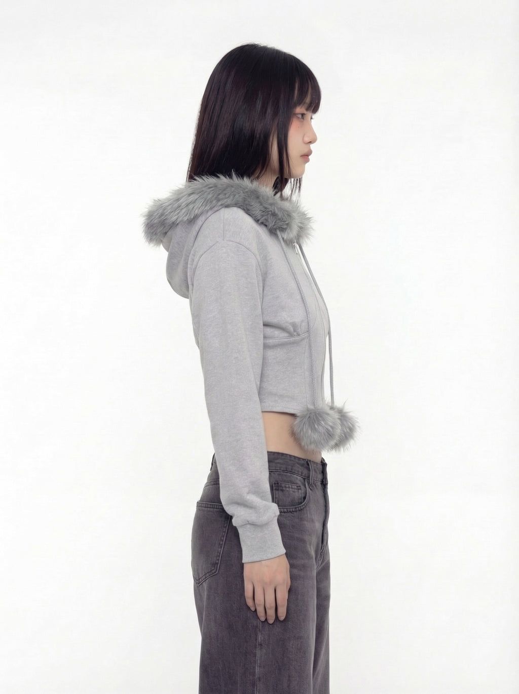 Maila Faux Fur Trim Zip-Up Cropped Hoodie