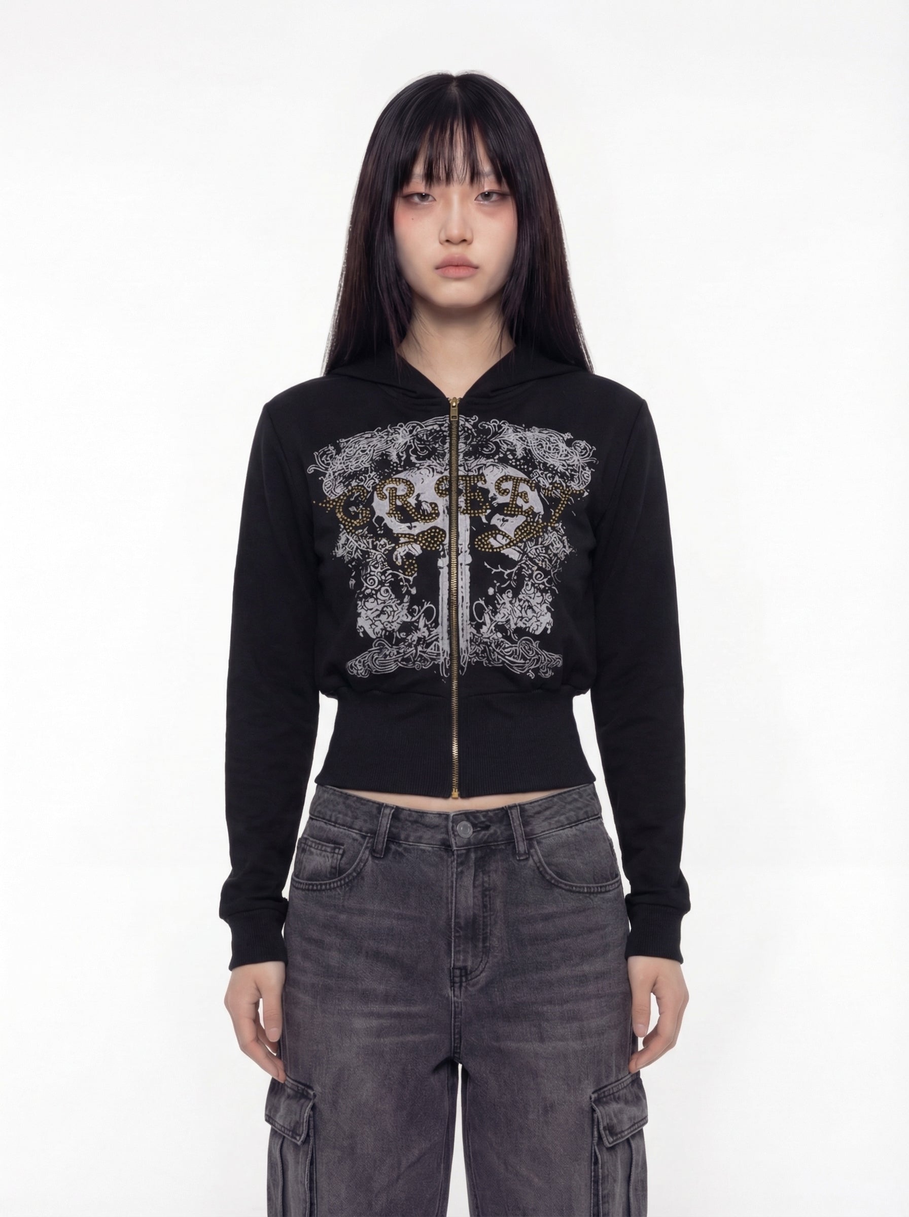 Ferlin Gothic Graphic Zip-Up Cropped Hoodie