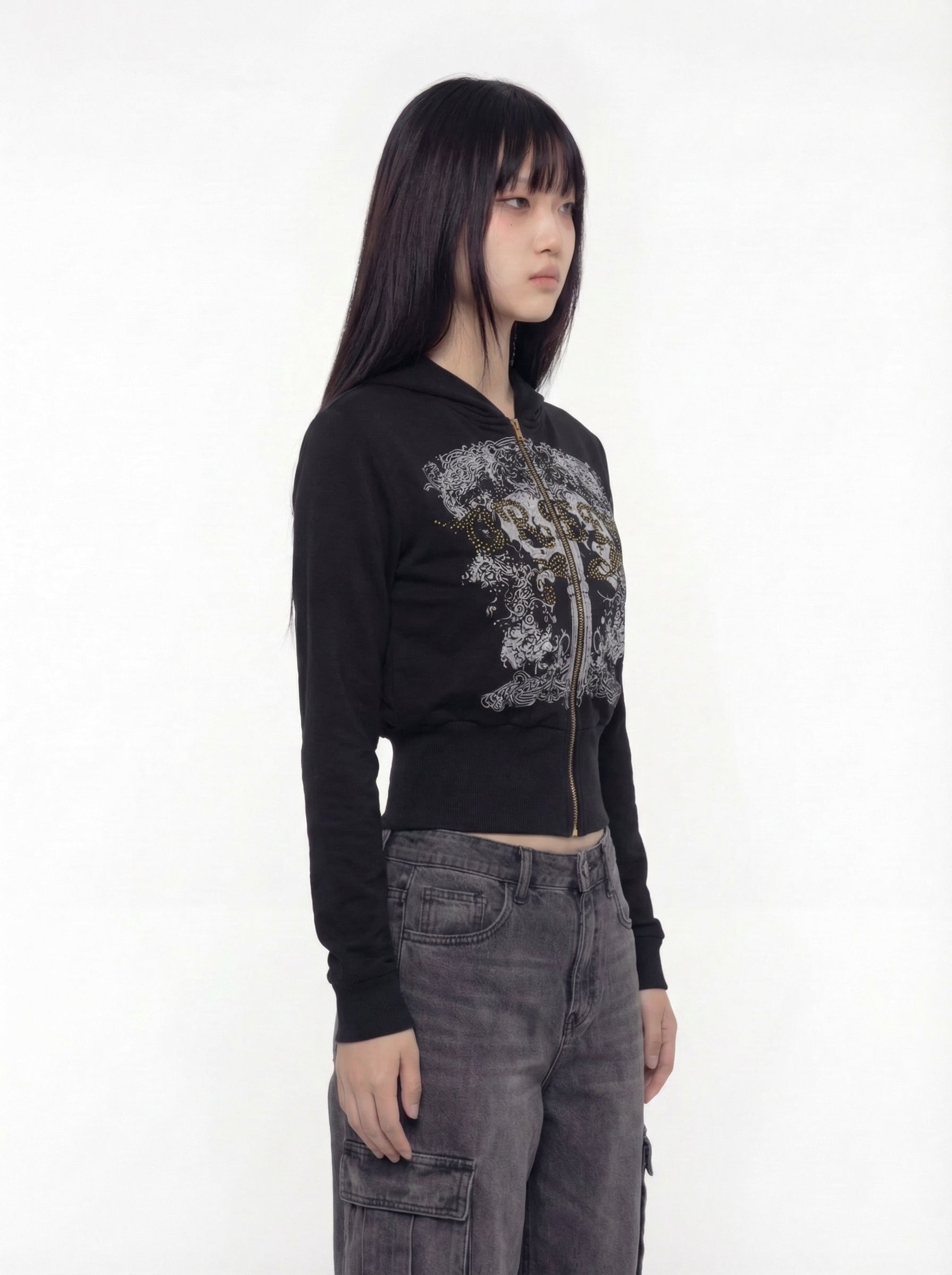 Ferlin Gothic Graphic Zip-Up Cropped Hoodie