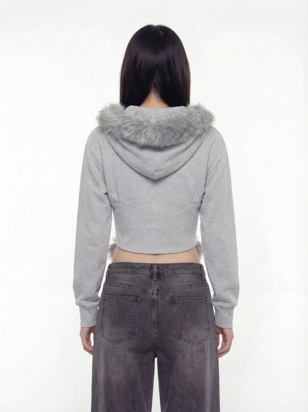 Maila Faux Fur Trim Zip-Up Cropped Hoodie