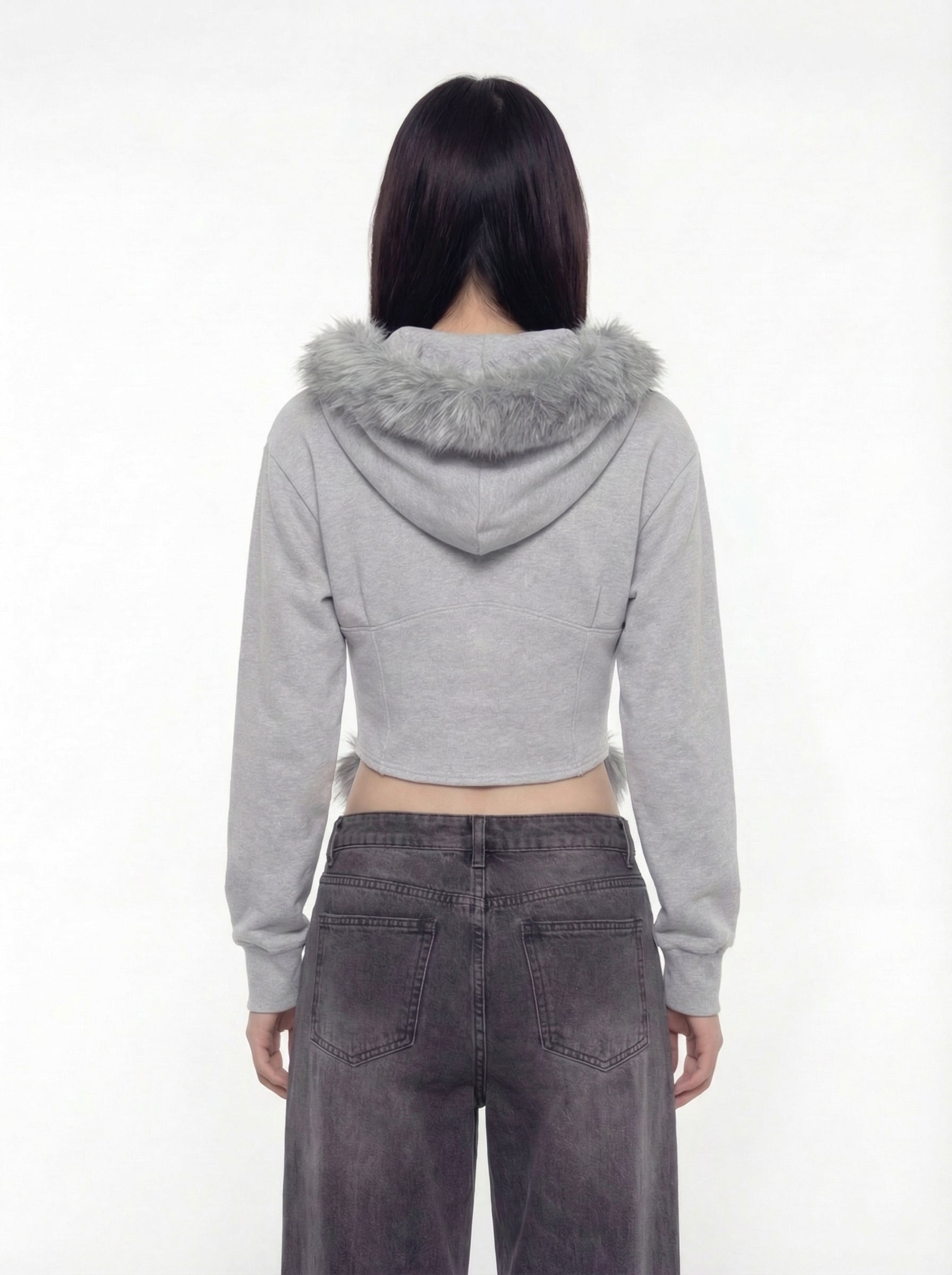 Maila Faux Fur Trim Zip-Up Cropped Hoodie
