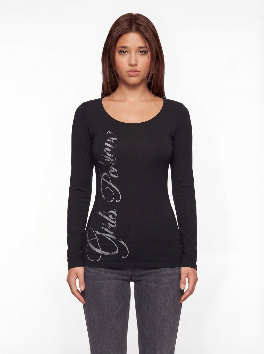 Laida Retro Print U-Neck Long Sleeve T-Shirt