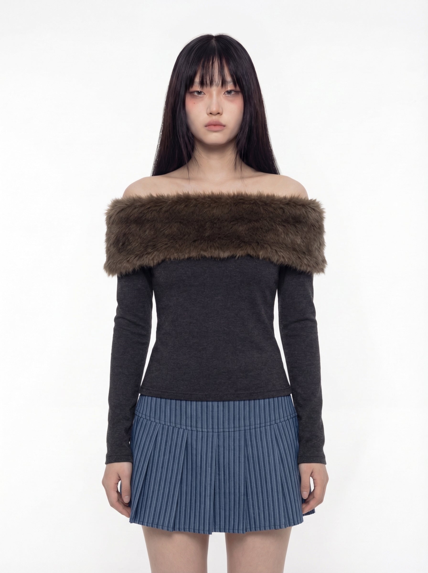 Misha Off-the-Shoulder Faux Fur Trim Top